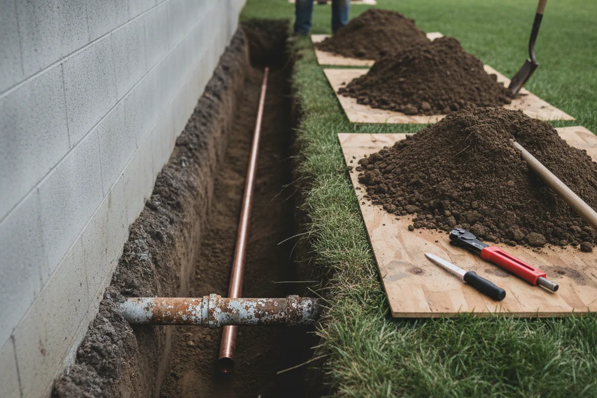 Excavated water line trench during Water Softener Installation in Pilot Hill